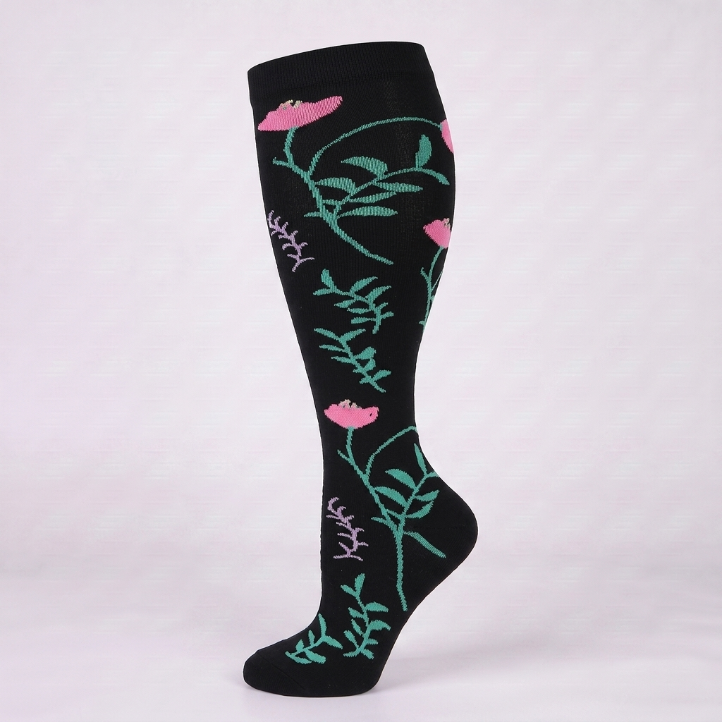 ComfortLegs™ Black Vine Floral – Wide Calves