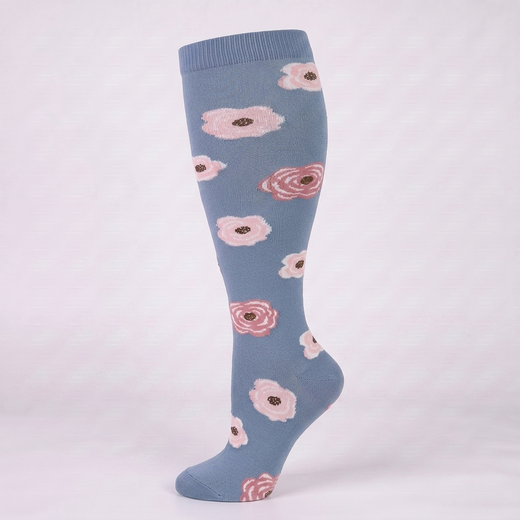 ComfortLegs™ Blue Grey Floral – Wide Calves